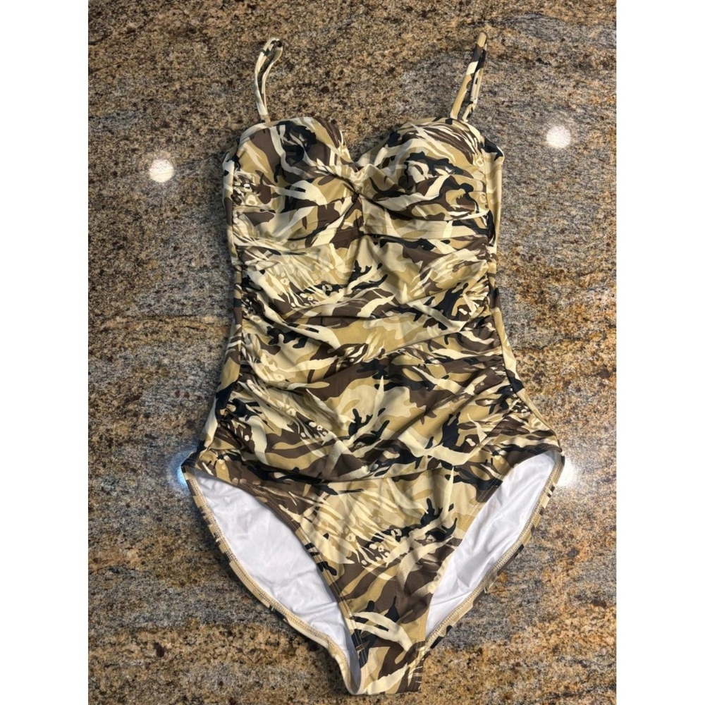 RELLECIGA Women's Brown and Tan Camouflage Ruched One-Piece Swimsuit